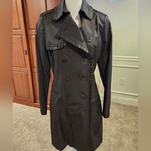 T Tahari Black Double-Breasted Trench Coat with Pleated Trim. Size Small